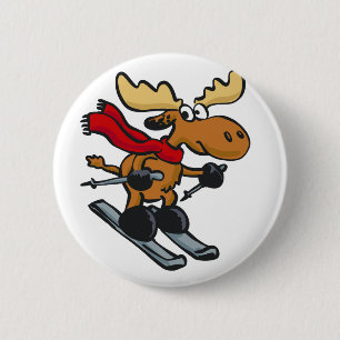 Badge Rond 5 Cm Caricature de Moose Skier  choisir la couleur arri