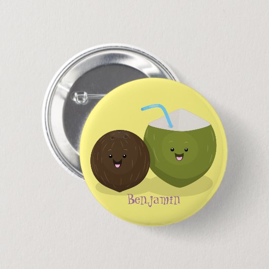 Badge Rond 5 Cm Caricature de noix de coco kawaii joyeux (Devant & derrière)