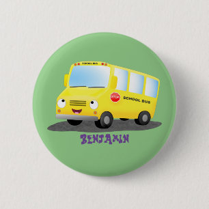Badge Rond 5 Cm Caricature du bus scolaire jaune joyeux