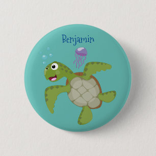 Badge Rond 5 Cm Caricature joyeuse de tortue de mer verte mignonne