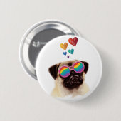 Badge Rond 5 Cm Carlin Chien avec Coeurs Saint-Valentin (Devant & derrière)