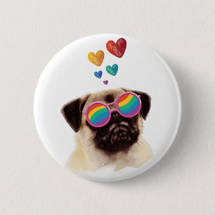 Badge Rond 5 Cm Carlin Chien avec Coeurs Saint-Valentin