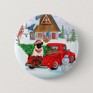 Badge Rond 5 Cm Carlin Chien dans la livraison de Noël Camion neig
