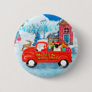 Badge Rond 5 Cm Carlin Chien Livraison de Noël Camion Neige