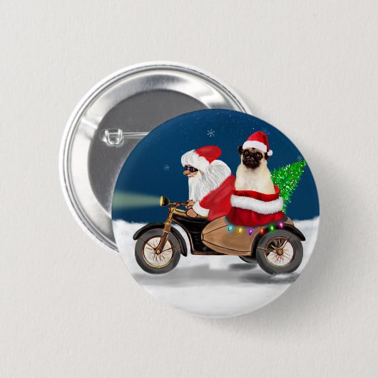 Badge Rond 5 Cm Carlin Chien Noël Père Noël (Devant & derrière)