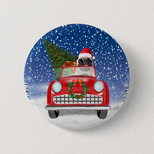 Badge Rond 5 Cm Carlin Chien Voiture De Conduite En Neige Noël (Devant)