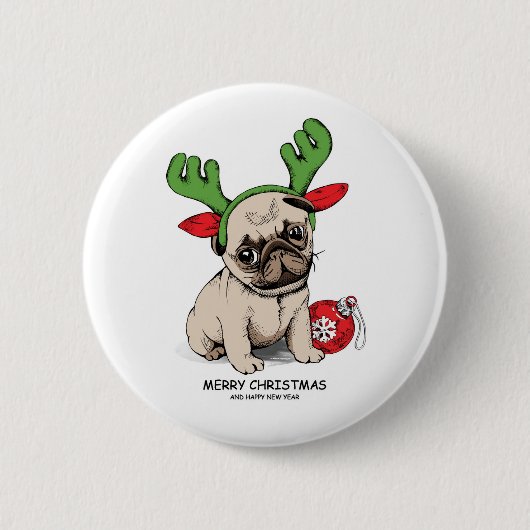 Badge Rond 5 Cm Carlin de chiot de Joyeux Noël (Devant)