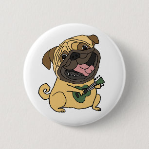 Badge Rond 5 Cm Carlin drôle Jouer Ukulele Cartoon