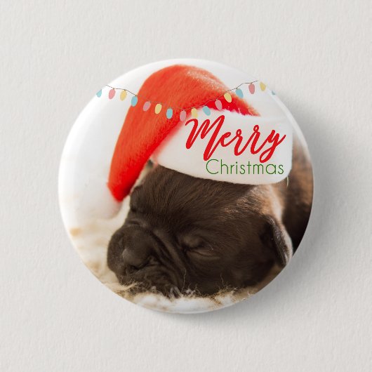 Badge Rond 5 Cm Carlin festif dans le chapeau de Noël rouge avec l (Devant)