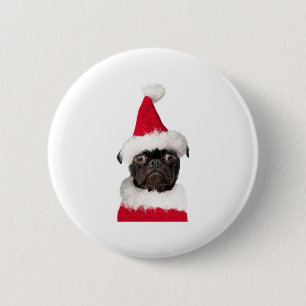 Badge Rond 5 Cm Carlin noir mignon à Noël Santa Hat