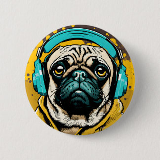 Badge Rond 5 Cm Carlin portant un casque