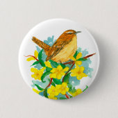 Badge Rond 5 Cm Carolina Fleurs Jessamine Jaune Jaune Wren Bird (Devant)