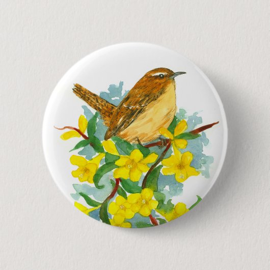 Badge Rond 5 Cm Carolina Fleurs Jessamine Jaune Jaune Wren Bird (Devant)