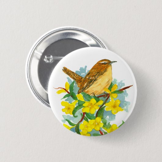 Badge Rond 5 Cm Carolina Fleurs Jessamine Jaune Jaune Wren Bird (Devant & derrière)