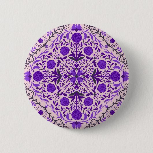 Badge Rond 5 Cm Carreaux floraux en violet et coton bonbon rose (Devant)