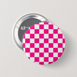 Badge Rond 5 Cm Carrés à carreaux rose vif blanc géométrique rétro