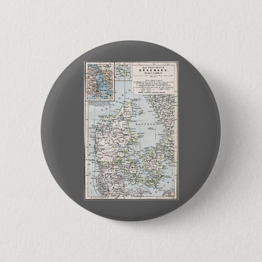 Badge Rond 5 Cm Carte antique du Danemark, Danmark en danois, 1905 (Devant)