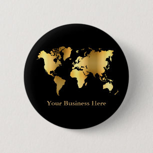 Badge Rond 5 Cm Carte Mondiale Gold/Noir