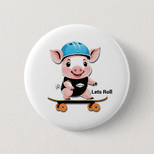 Badge Rond 5 Cm Cartoon Bébé Cochon Monter Un Skateboard Permet De