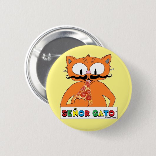 Badge Rond 5 Cm Cartoon Mustache Cat Eating Pizza (Devant & derrière)