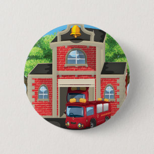 Badge Rond 5 Cm Caserne de pompiers et camion de pompiers
