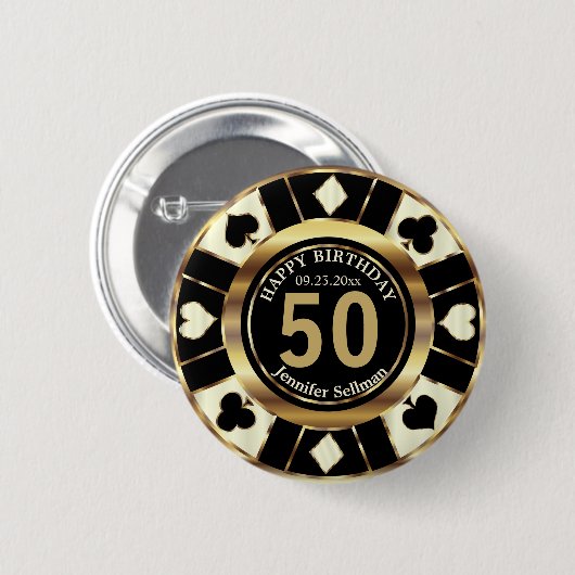 Badge Rond 5 Cm Casino 00e fête d'anniversaire - Crème, Or et Noir (Devant & derrière)