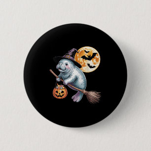 Badge Rond 5 Cm Casquette de sorcière Manatee Riding Broomstick Po