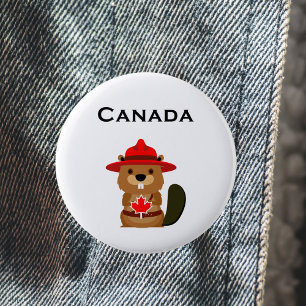Badge Rond 5 Cm Castor Canada mignon avec feuille d'érable couleur