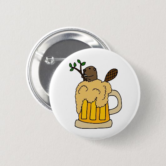 Badge Rond 5 Cm Castor drôle dans la tasse de bière (Devant & derrière)