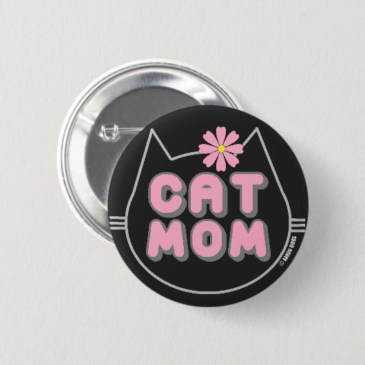 Badge Rond 5 Cm CAT MOM avec bouton Fleur rose (Devant & derrière)