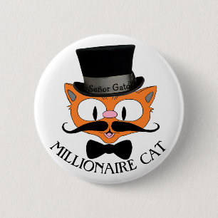 Badge Rond 5 Cm Cat-moustache MILLIONAIRE avec chapeau de tête
