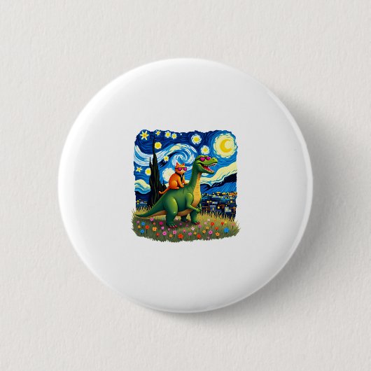Badge Rond 5 Cm Cat Riding Dinosaur T-Rex Starry Night Cat Lover ( (Devant)