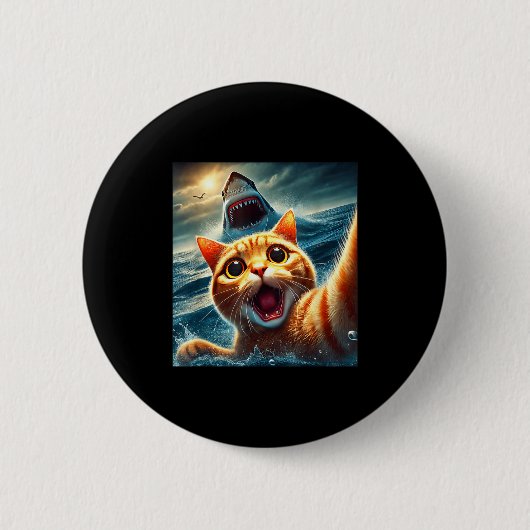 Badge Rond 5 Cm Cat Selfie With Shark Funny (Devant)