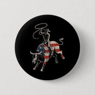 Badge Rond 5 Cm Cavalier de taureau de rodéo américain Drapeau Usa