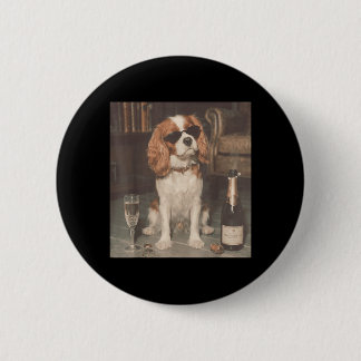 Badge Rond 5 Cm Cavalier King Charles buvant du champagne drôle