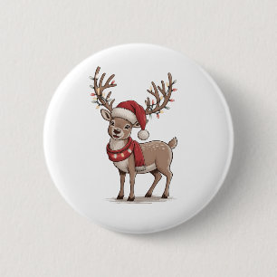 Badge Rond 5 Cm Cerf Animal Noël Cerf Chapeau de Père Noël Xmas