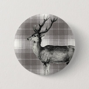 Badge Rond 5 Cm cerf sur tartan, décoratif, collectionné,