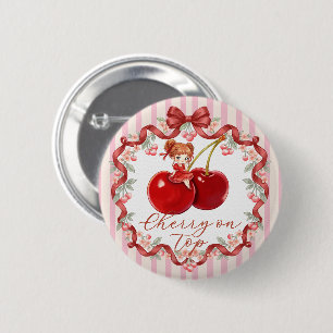 Badge Rond 5 Cm Cerise Douce sur le dessus Coquette Ruban Rouge Fi