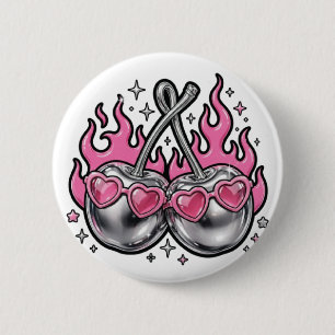Badge Rond 5 Cm Cerises argentées en flammes - Cerise chromée en f