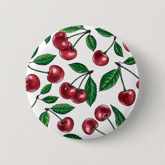 Badge Rond 5 Cm Cerises rouges sur blanc (Devant)