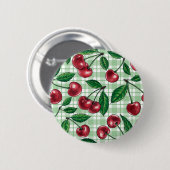 Badge Rond 5 Cm Cerises rouges sur en vichy vert clair (Devant & derrière)