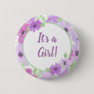 Badge Rond 5 Cm C'est une fille ! Baby shower floral aquarelle