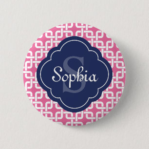 Badge Rond 5 Cm Chaîne Carré rose Motif bleu Monogramme