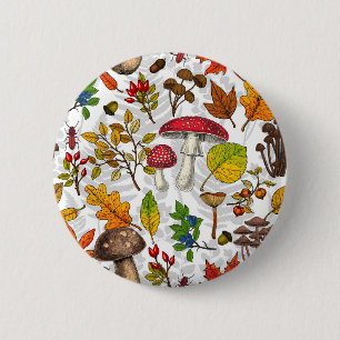Badge Rond 5 Cm Champignons d'automne, feuilles, noix et baies sur