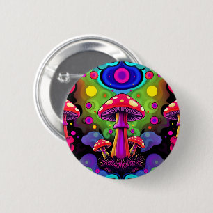 Badge Rond 5 Cm Champignons Rétro Colorés Vibrants Psychedéliques
