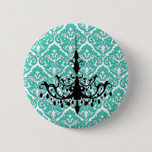 Badge Rond 5 Cm Chandelier turquoise Damas noir