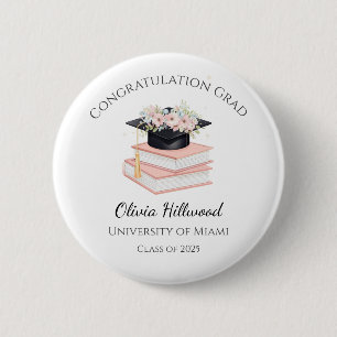 Badge Rond 5 Cm Chapeau de remise des diplômes à fleurs roses Nom