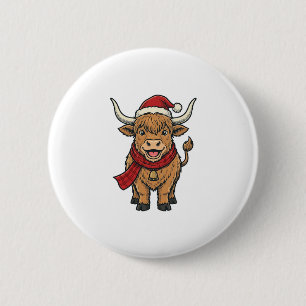 Badge Rond 5 Cm Chapeau de Santa Cow Highland Noël Vintage Vector_