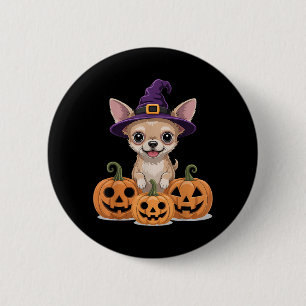 Badge Rond 5 Cm Chapeau de sorcière Chihuahua Blond Mignon Hallowe