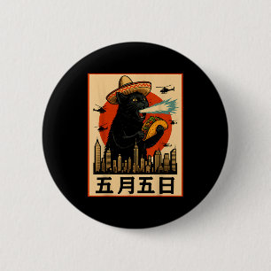Badge Rond 5 Cm Chapeau kaiju chat taco drôle cinco de mayo rétro